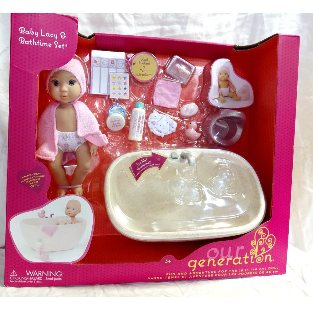 Our Generation Baby Doll Lacy & Bathtime Set Bathtub with Real Water sounds NIB